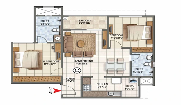 2 BHK, 1,204-1,543 sq ft. floor plan at Prestige Kanakapura Road