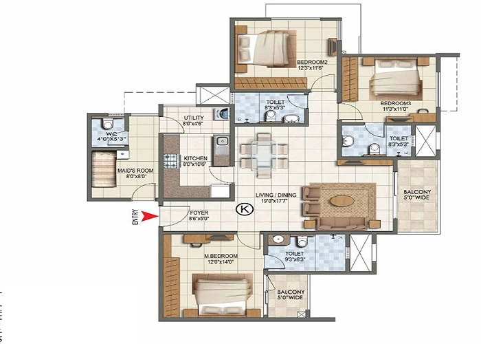 3 BHK, 1,543-1,830 sq ft. floor plan at Prestige Kanakapura Road